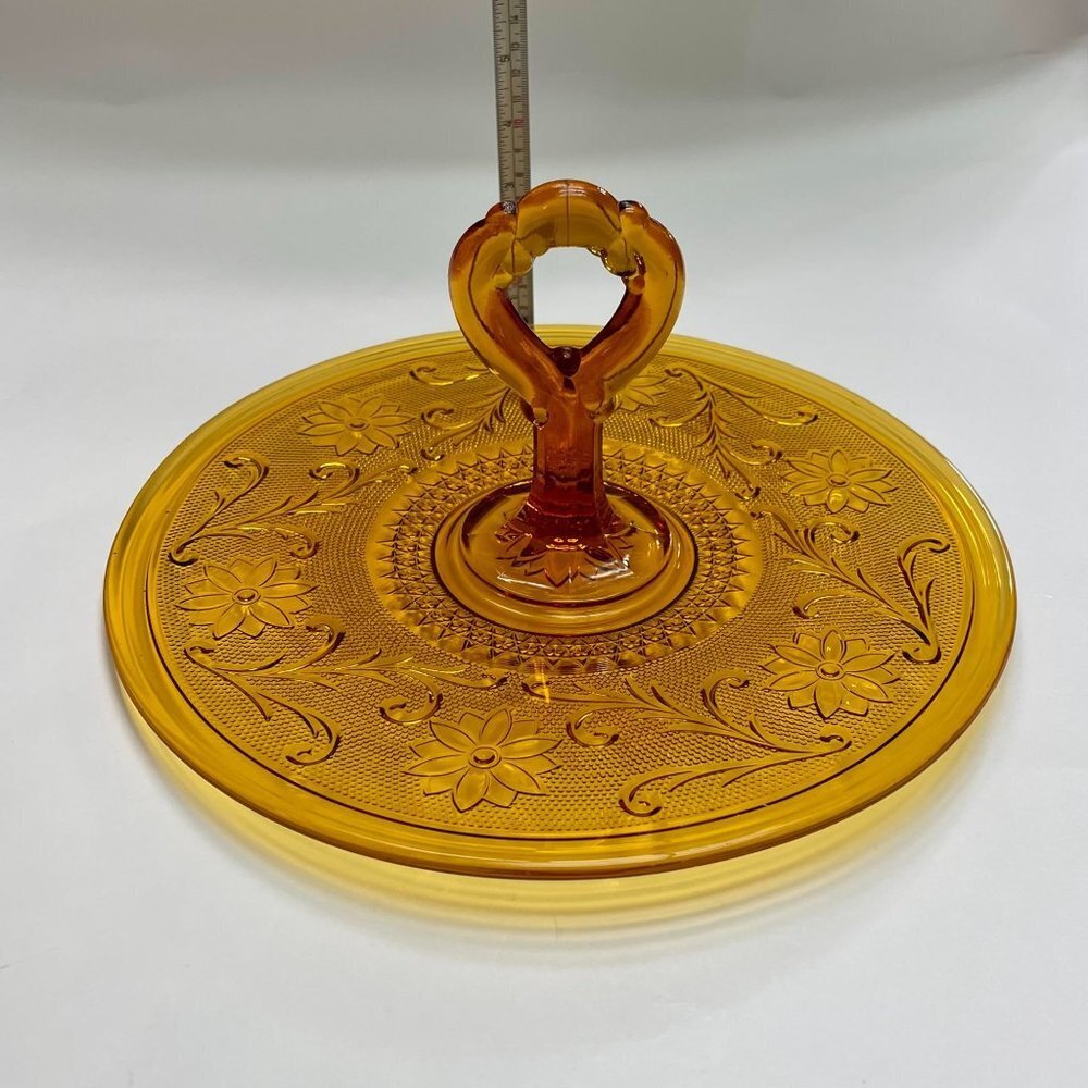 Amber Glass Handled Round Tray Plate or Centerpiece Floral Vine Pattern 12 Inch - Picture 7 of 9
